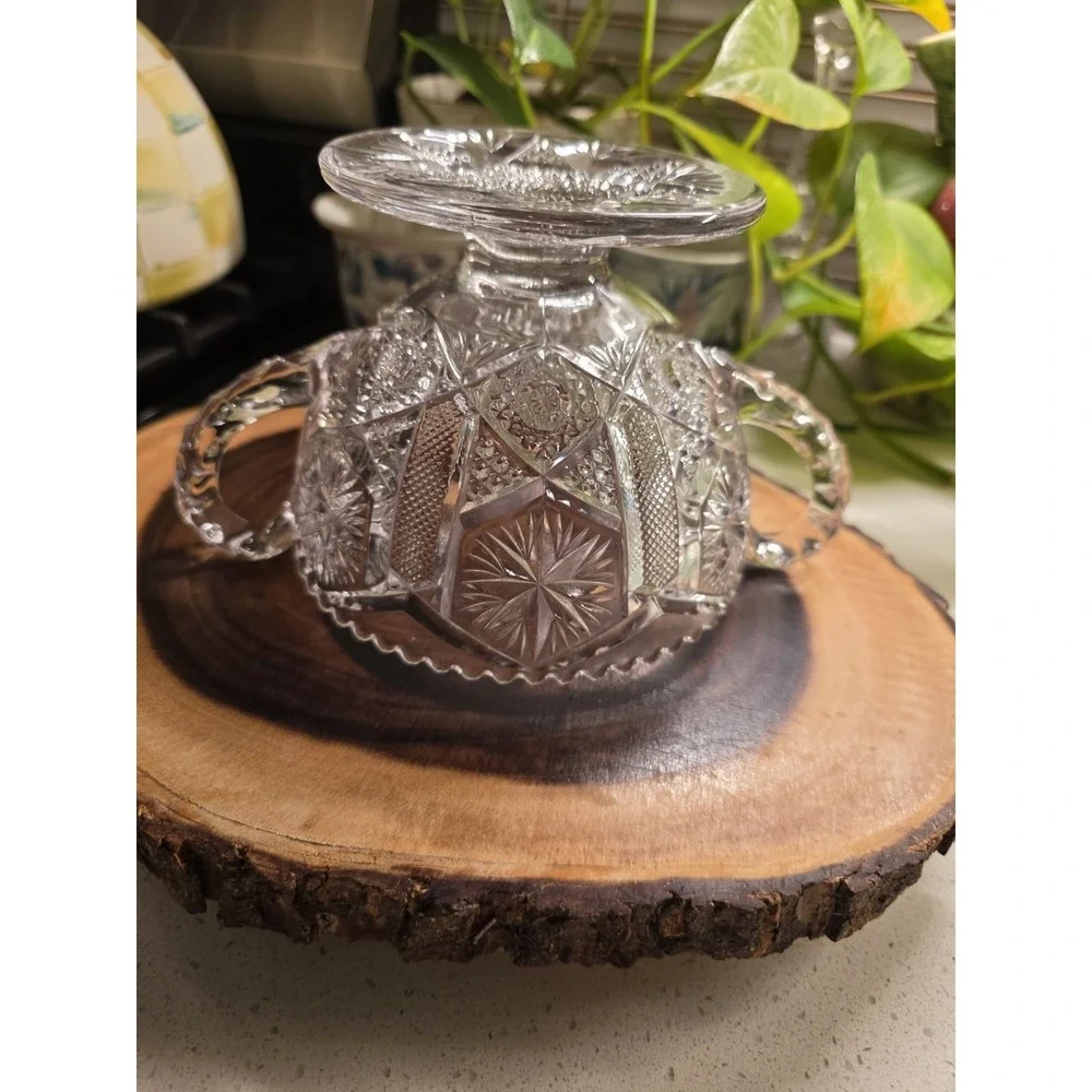 Vintage Pressed Glass‎ Pedestal Candy Dish Bowl Double Handle Cut Star Pattern